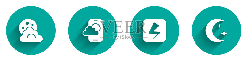 云和月亮、天气预报APP、闪电和月亮星星长阴影图标矢量素材图标素材