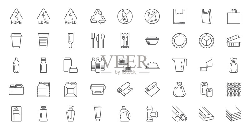 塑料包装线性图标集:一次性餐具、水瓶、泡罩包装等矢量图图标素材