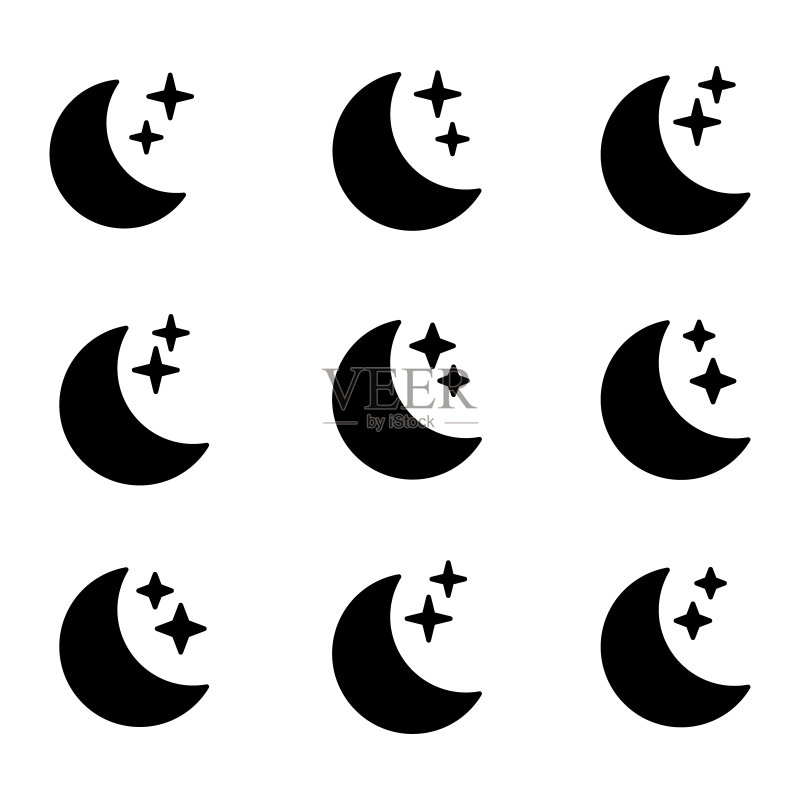 白色背景上的新月与星星图标。夜晚图标。新月图标。简约风格。图标素材