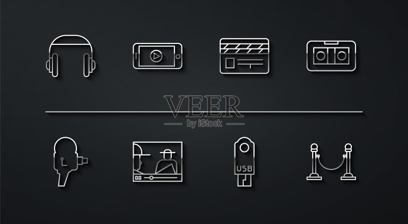 设置耳机、复古电影摄影机、VHS 录像带、USB 闪存盘、在线播放、绳索障碍和电影拍板图标。矢量图形图标素材