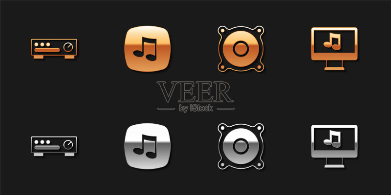 声音调音台控制器、音符、音调、立体声扬声器和带音乐的电脑图标矢量图图标素材