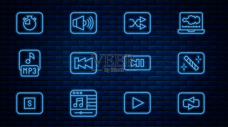 设置重复按钮、照片修饰、箭头随机播放、倒带、MP3文件、秒表、暂停和扬声器音量图标。矢量图形图标素材