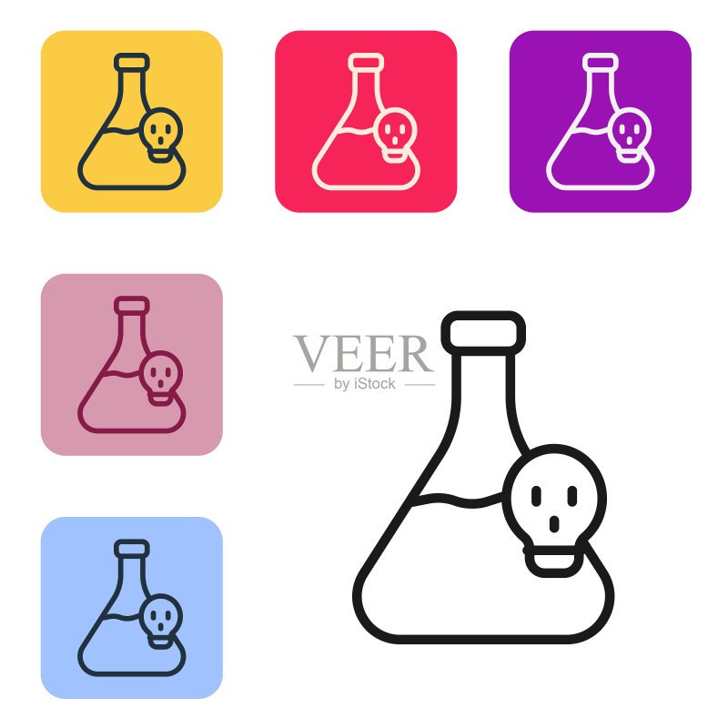 白色背景上的有毒液体化学烧杯图标,生物危害正方形按钮矢量素材图标素材