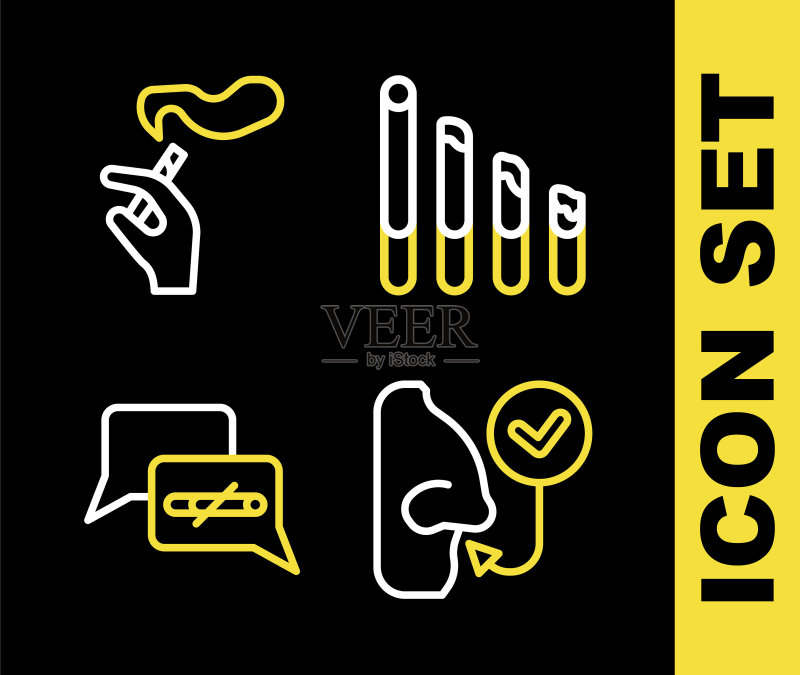 吸烟的香烟、健康呼吸、禁止吸烟和手部图标图标素材