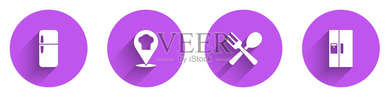 冰箱、带位置的厨师帽、餐叉和勺子图标矢量图图标素材