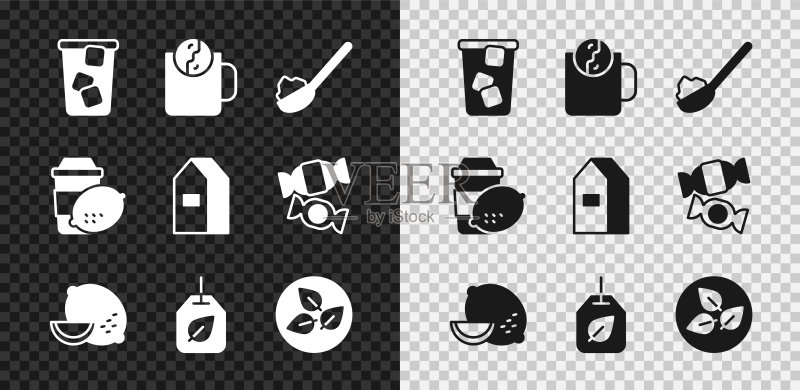 冰茶、下午茶、糖勺、柠檬、茶叶袋、柠檬杯和牛奶纸包装图标矢量图图标素材