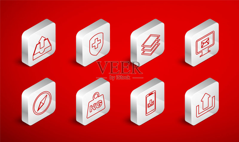 上传线条图案、带十字的医疗盾牌、图层、显示器和信封、智能手机下载、收件箱、重量和风向标图标矢量素材图标素材