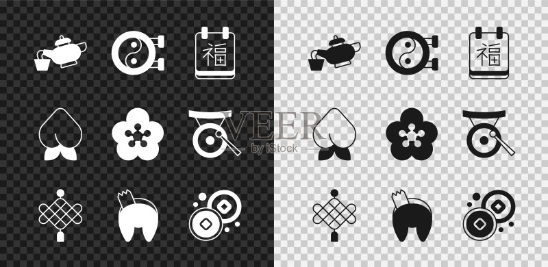 中国茶道、阴阳符号、新年、纸灯笼、幸运饼干、元、桃子、莲花图标矢量素材图标素材