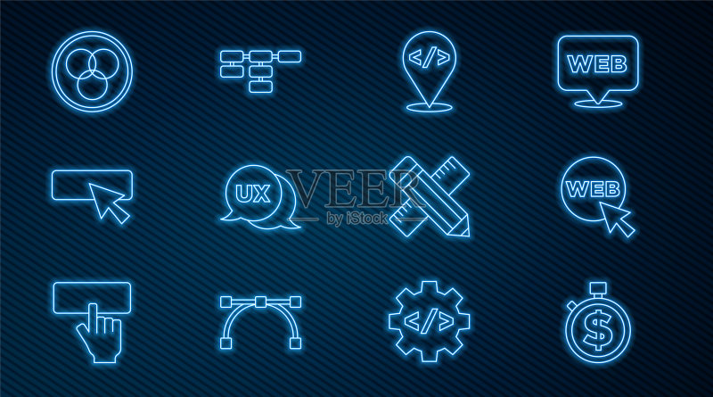 时间就是金钱、网页和图形设计、前端开发、UI或UX、RGB CMYK混色、交叉标尺铅笔和站点地图图标矢量集图标素材