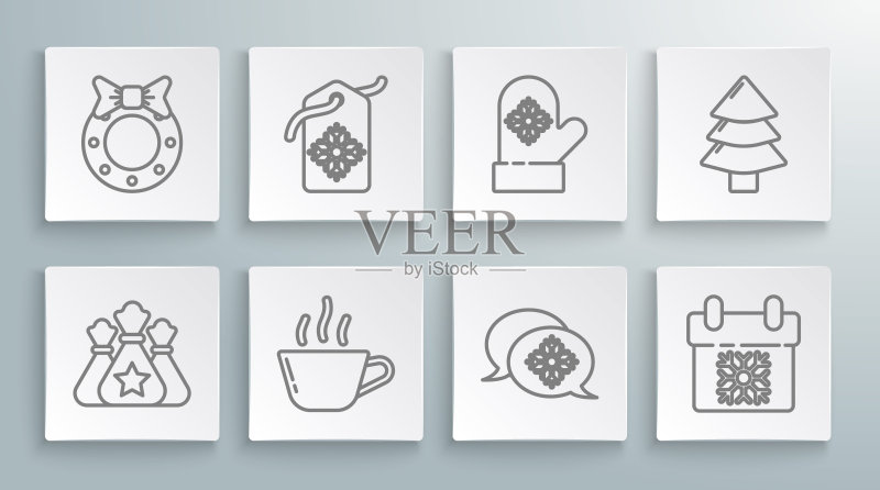 圣诞老人礼物袋、带有促销字样的价格标签、咖啡杯、雪花语音气泡、日历、圣诞手套、树和花圈图标矢量素材图标素材