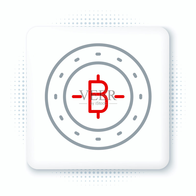 白色背景上的比特币加密货币硬币线条图标,基于区块链的安全加密货币,彩色轮廓概念矢量图图标素材