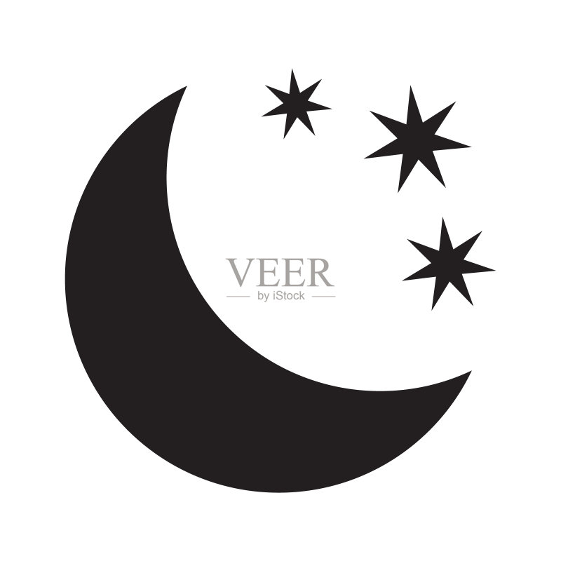 白色背景上的新月与星星图标。夜晚图标。新月图标。简约风格。图标素材