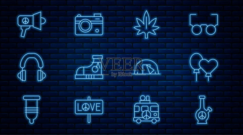 包含邦、气球、大麻、运动鞋、耳机、扩音器、帐篷和照相机的线条组合矢量图标图标素材