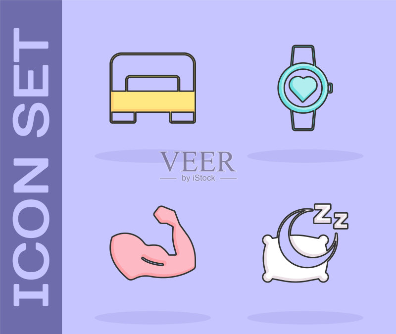 睡眠时间、大床、健美肌肉和智能手表图标矢量素材图标素材