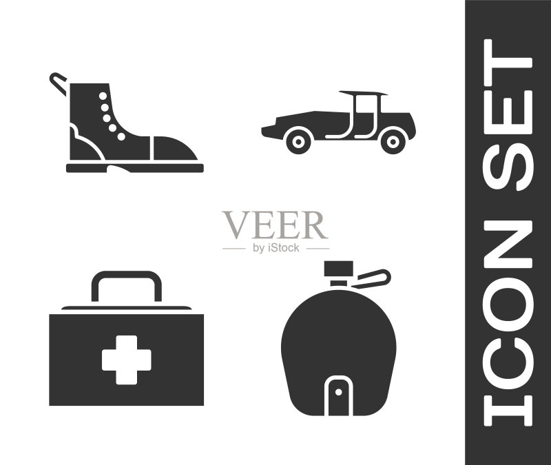 水壶、登山靴、急救箱和汽车图标矢量素材图标素材