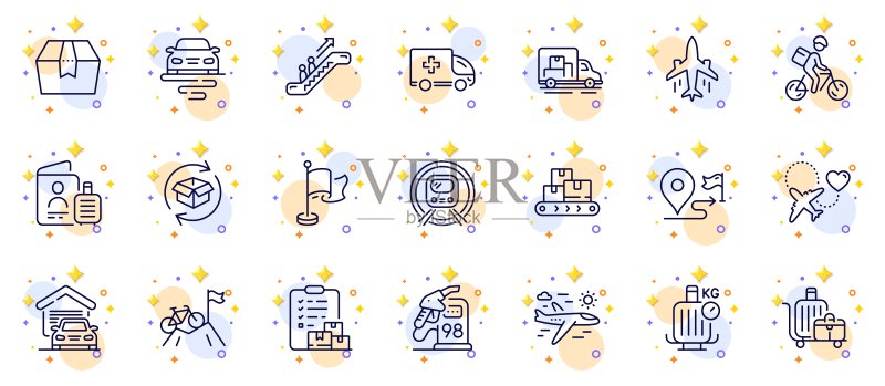 路线、加油站和送货报告线性图标,适用于Web应用程序。象形图图标。矢量素材图标素材