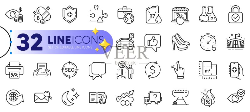 打印图像、全球业务和接收文件线性图标集,适用于Web应用图标素材