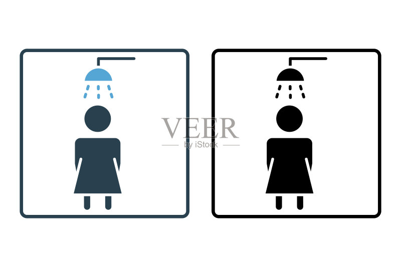 淋浴图标:女性淋浴,浴室卫生相关图标,线条风格设计,简单的可编辑矢量设计图标素材