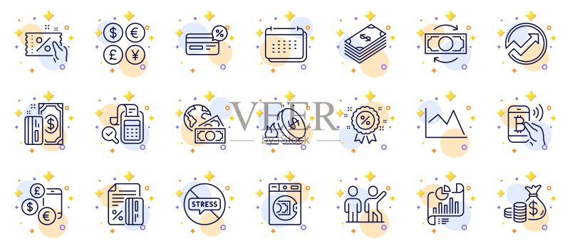 货币汇率、货币和钱币袋细线图标集,适用于Web应用程序。象形图图标。矢量图图标素材