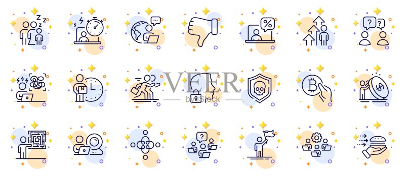 计时器、送货员和睡眠线性图标的轮廓集,适用于Web应用程序。象形图图标。矢量图标素材