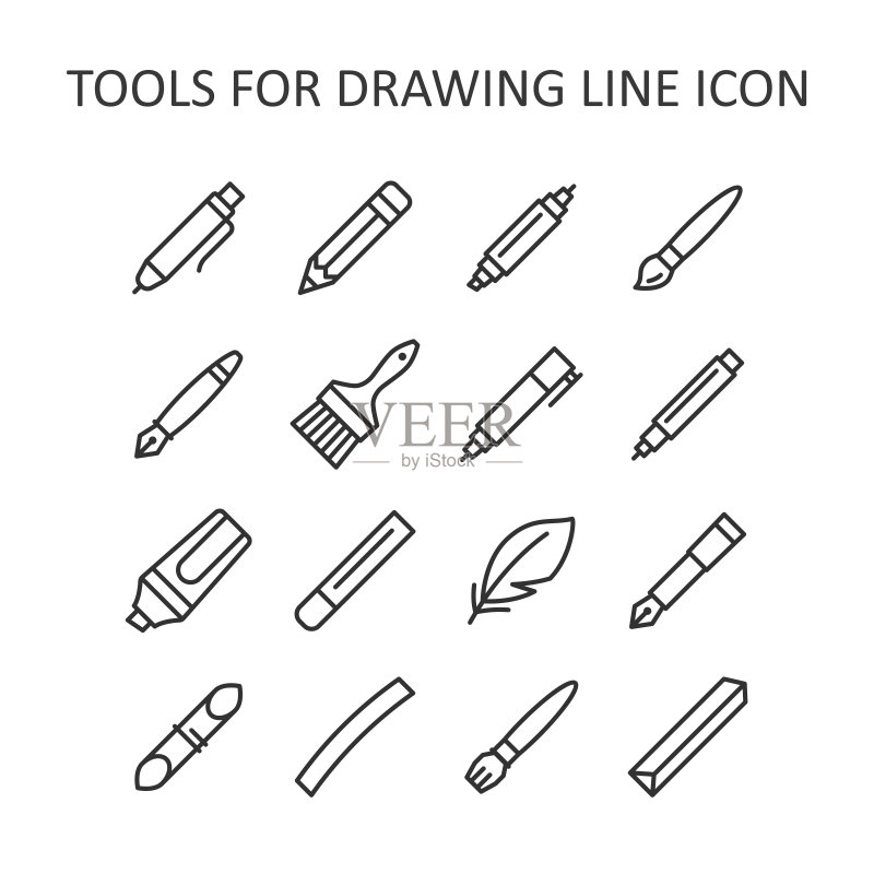 用于绘画、书法、刻字、素描的扁平图标集。画笔、钢笔、铅笔、羽毛、记号笔、毡笔、木炭、蜡笔、粉笔、竹子。矢量图。图标素材