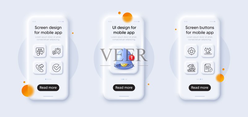 防水、验证和合规性线条图标包。适用于Web应用程序。3D手机模型。矢量图图标素材