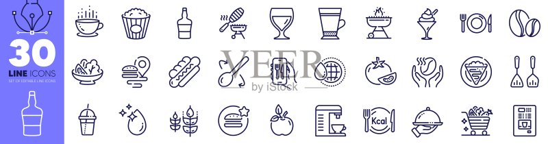 爆米花、餐厅食品和咖啡机线性图标合集,适用于Web应用,矢量图图标素材