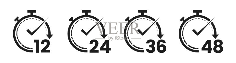 12、24、36和48小时时钟图标。24小时图标矢量图。24小时安防保护。扁平矢量图。图标素材