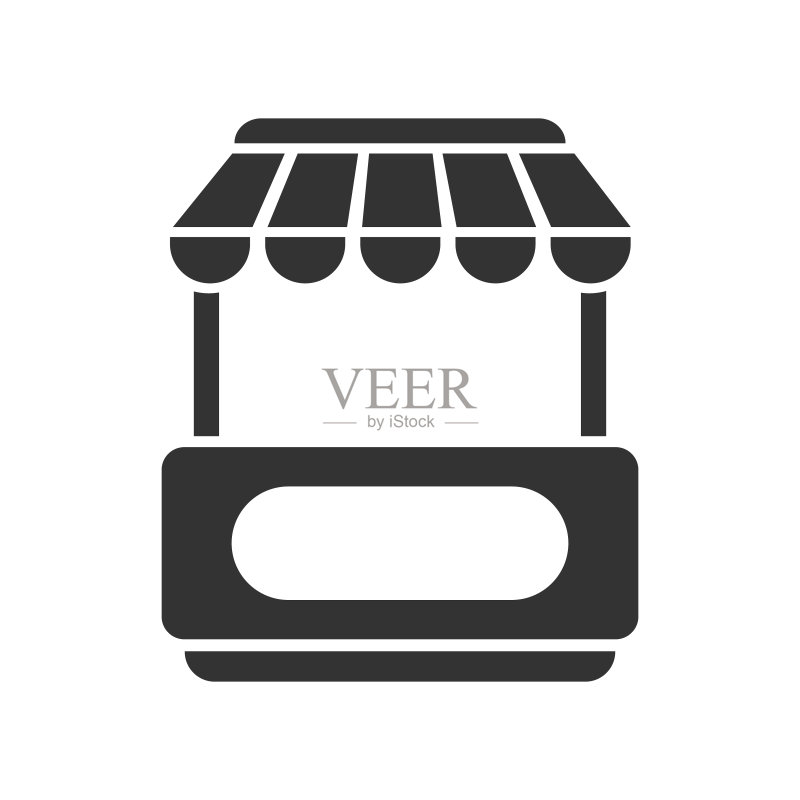 市场商店标志符号图标:售货亭、商店、零售图形标志。街头食品或咖啡馆概念黑色标签。商业市场场所标志。矢量插图,白色背景图标素材