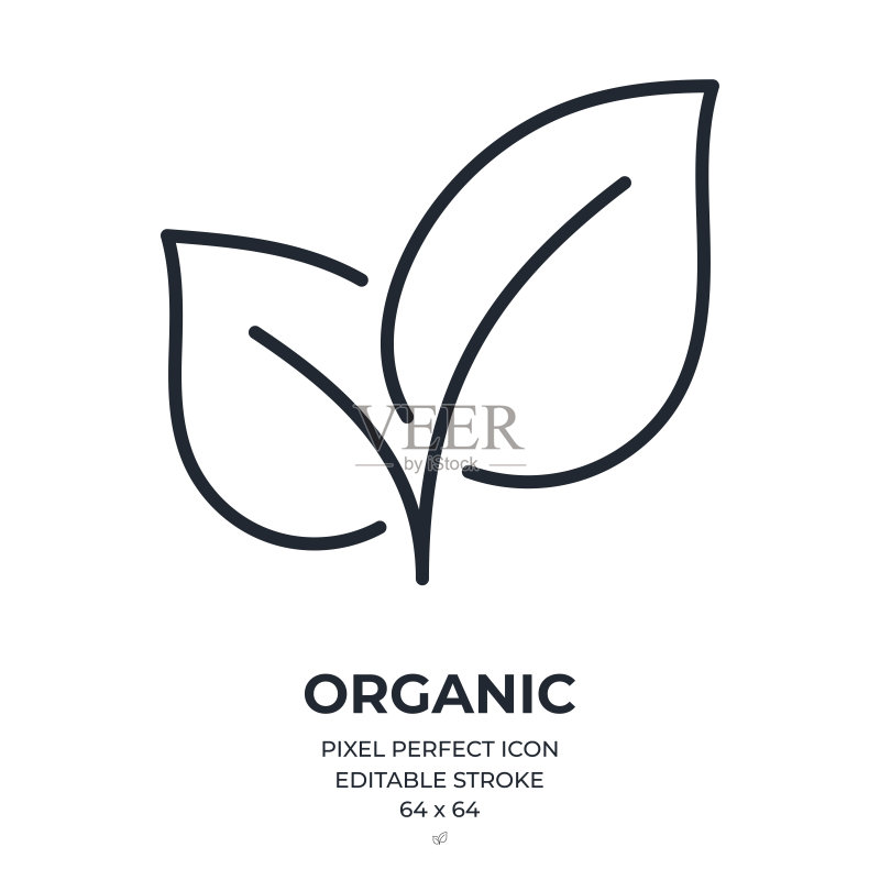 白色背景上的有机纯天然素食产品描边轮廓图标扁平矢量图,像素完美,64 x 64图标素材
