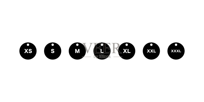 服装尺码标签矢量图标:XS、S、M、L、XL、XXL、XXXL图标素材