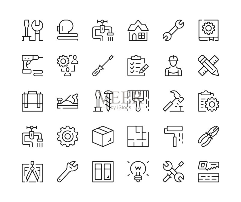 房屋维修图标。矢量线性图标集。工作工具、翻新、DIY、物业维护、建筑概念。黑色轮廓笔画符号图标素材