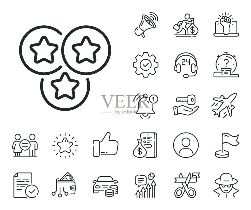星星线条图标。最佳排名标志,上班族,性别平等和警示铃。矢量图标素材