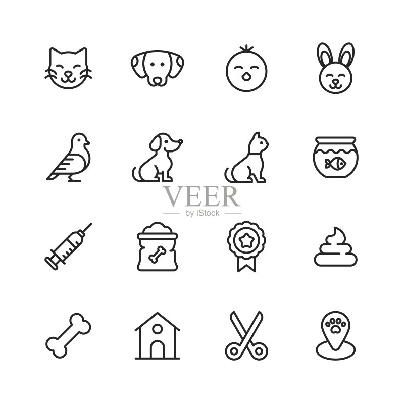 宠物线性图标。可编辑笔画。像素完美。适用于移动和Web。包含小猫、猫、狗、小狗、小鸡、兔子、鱼缸、注射器、宠物食品、狗骨头、狗窝、美容、宠物店等图标。图标素材