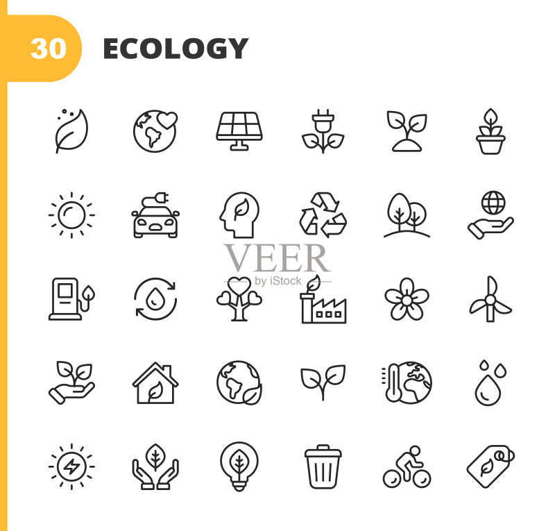 生态与环境线性图标。可编辑笔画。像素完美。适用于移动和Web。包含树叶、生态、环境、灯泡、森林、绿色能源、农业、水、气候变化、回收、电动汽车、太阳能等图标图标素材