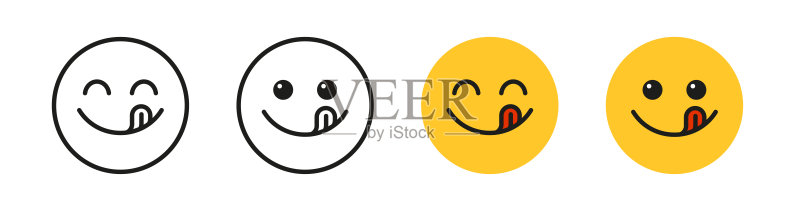 美味的微笑表情符号,吐舌头舔嘴。社交网络美味食品符号。美味又饥饿的图标。美味佳肴。享受美食标志。矢量插图,隔离在白色背景上图标素材
