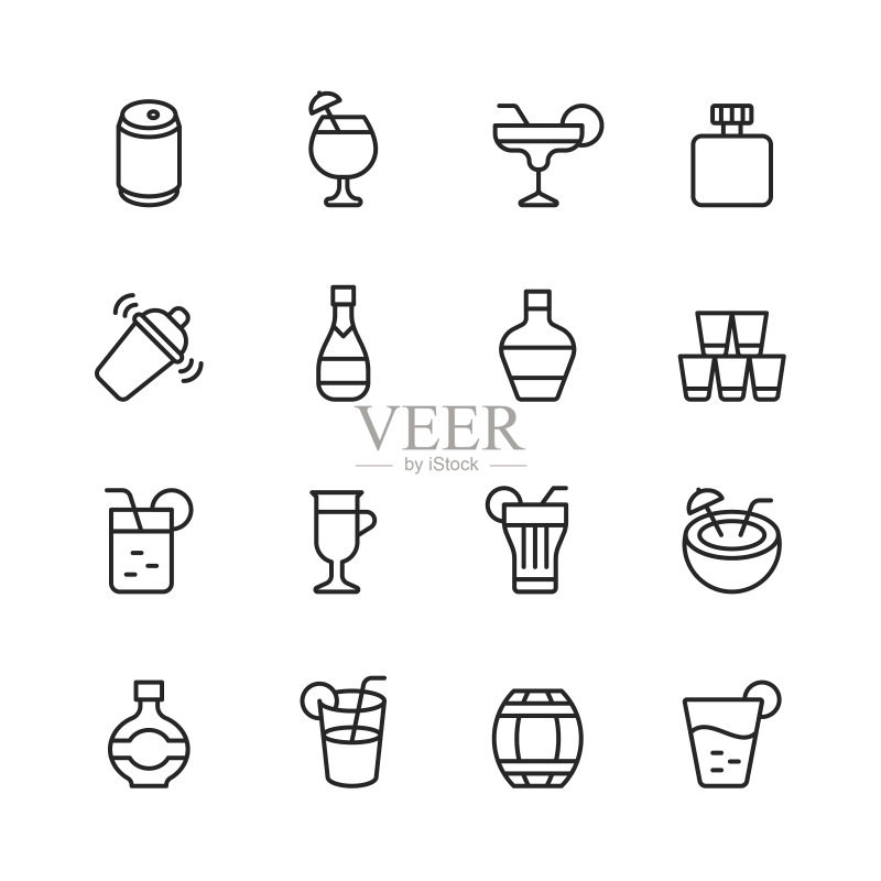饮品和酒精线性图标。可编辑笔画。像素完美。适用于移动和网页。包含罐装、海滩饮品、鸡尾酒、烧瓶、摇壶、伏特加、威士忌、香槟、葡萄酒、果汁、莫吉托、椰子、玛格丽塔等图标图标素材