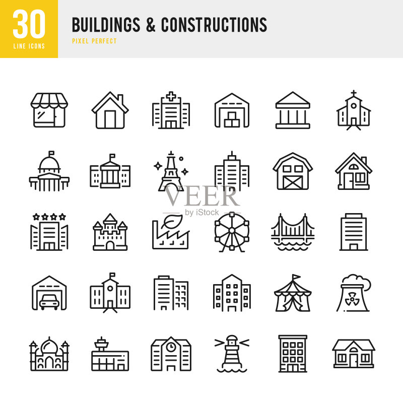 建筑物和建筑——细线矢量图标集:银行、住宅、国会大厦、摩天大楼、泰姬陵、埃菲尔铁塔、桥梁、医院、机场、教堂、灯塔、工厂图标素材