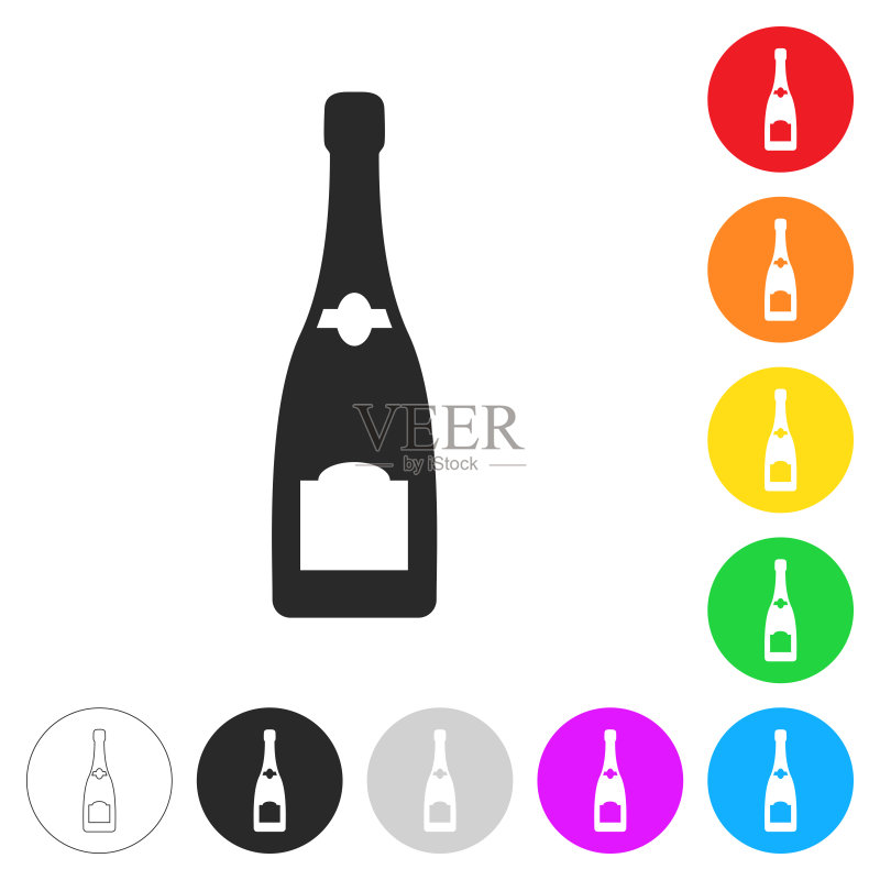 彩色按钮上的香槟酒瓶扁平图标图标素材