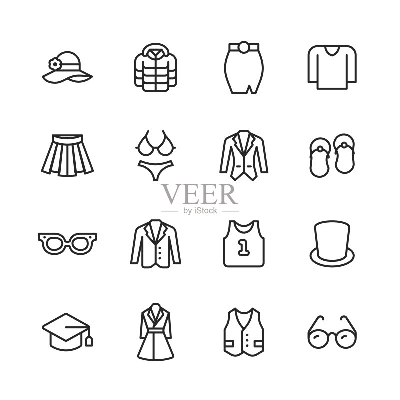 服装和时尚线性图标。可编辑描边,像素完美。适用于移动和Web。包含服装、时尚、夹克、帽子、裙子、毛衣、连衣裙、眼镜、背心等图标图标素材
