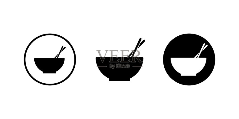 碗,厨具矢量图。带筷子的碗图标。器具标志图标素材