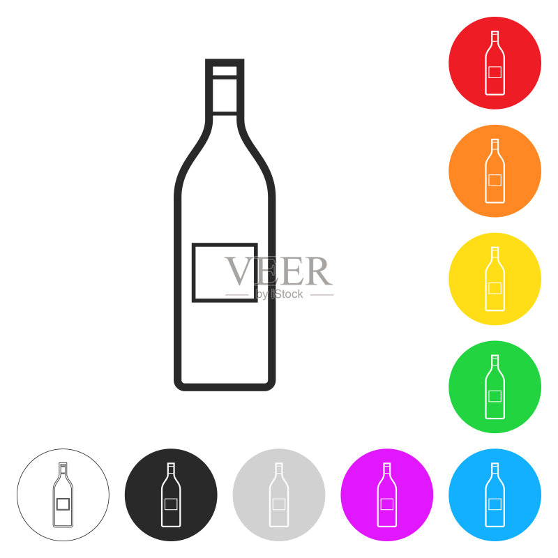 彩色按钮上的葡萄酒瓶扁平图标图标素材