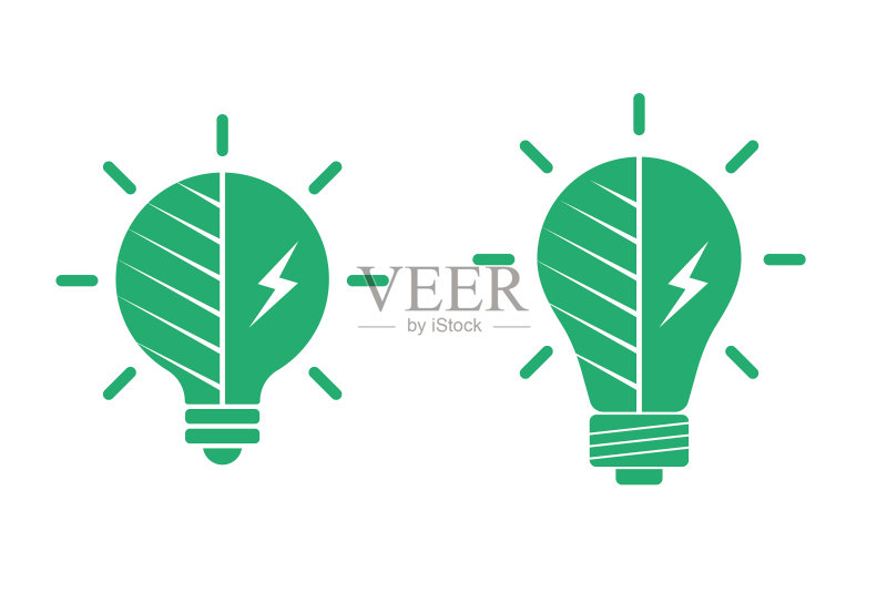闪电图标:电灯与绿叶图标素材