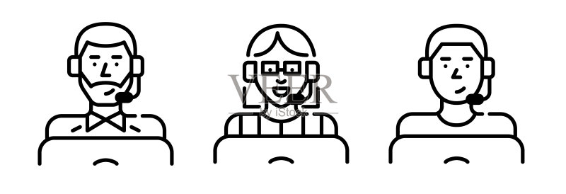 呼叫中心技术支持客服图标:佩戴耳机使用笔记本电脑的工作人员,像素完美可编辑描边图标图标素材