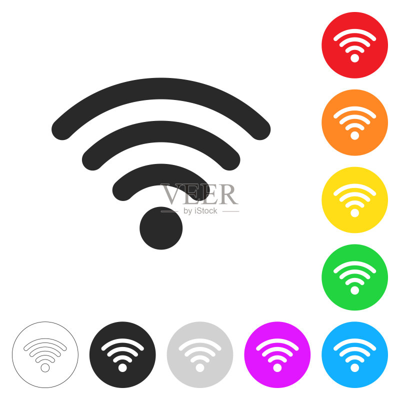 不同颜色按钮上的Wifi扁平图标图标素材