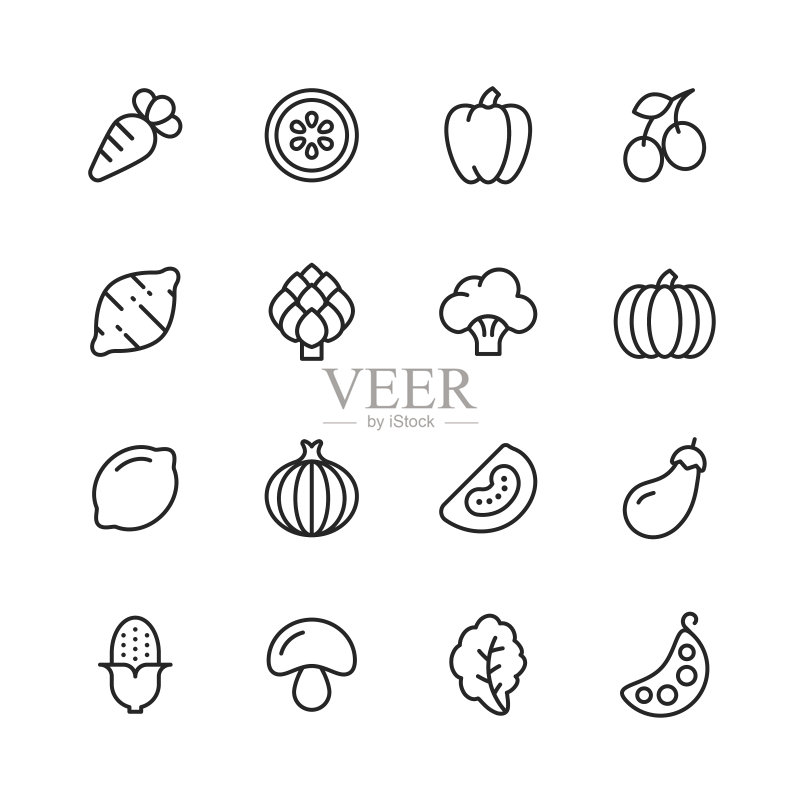 蔬菜线性图标。可编辑笔画。像素完美。适用于移动设备和Web。包含胡萝卜、柠檬、辣椒、洋葱、土豆、西红柿、玉米、菠菜、豆类、蘑菇等图标。图标素材