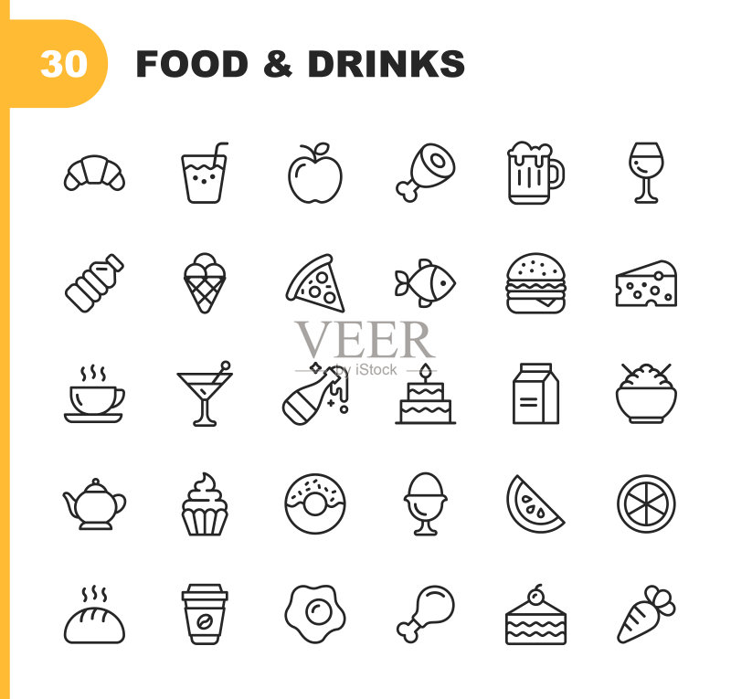 食品和饮料线性图标。可编辑笔触。像素完美。适用于移动和Web。包含面包、葡萄酒、汉堡、牛奶、胡萝卜、水果、蔬菜等图标。图标素材