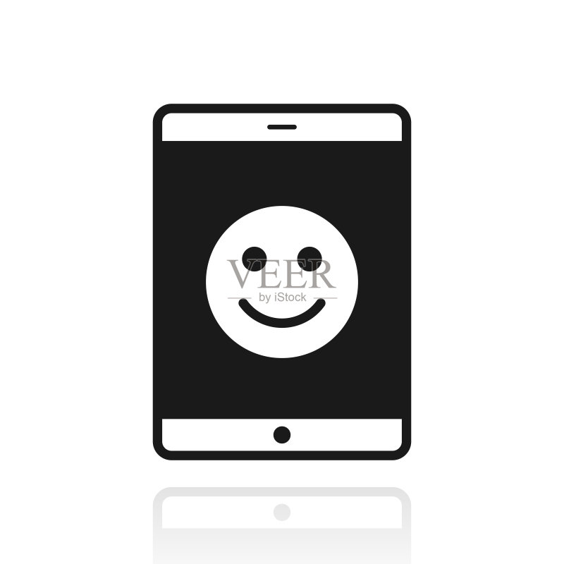 带有快乐表情符号的平板电脑-白色背景上的反射图标图标素材