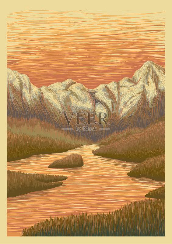 日落时山谷中的山脉和河流插画图片素材