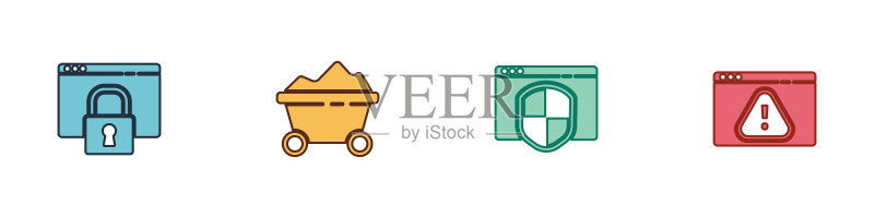 使用HTTPS、SSL保护您的站点、煤矿手推车、浏览器保护盾和感叹号图标矢量素材图标素材